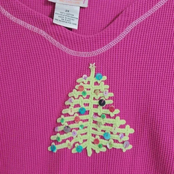 Vtg Quacker Factory Pink Waffle Knit Long sleeve Top Sequin Christmas 2X  5PT - Picture 5 of 7